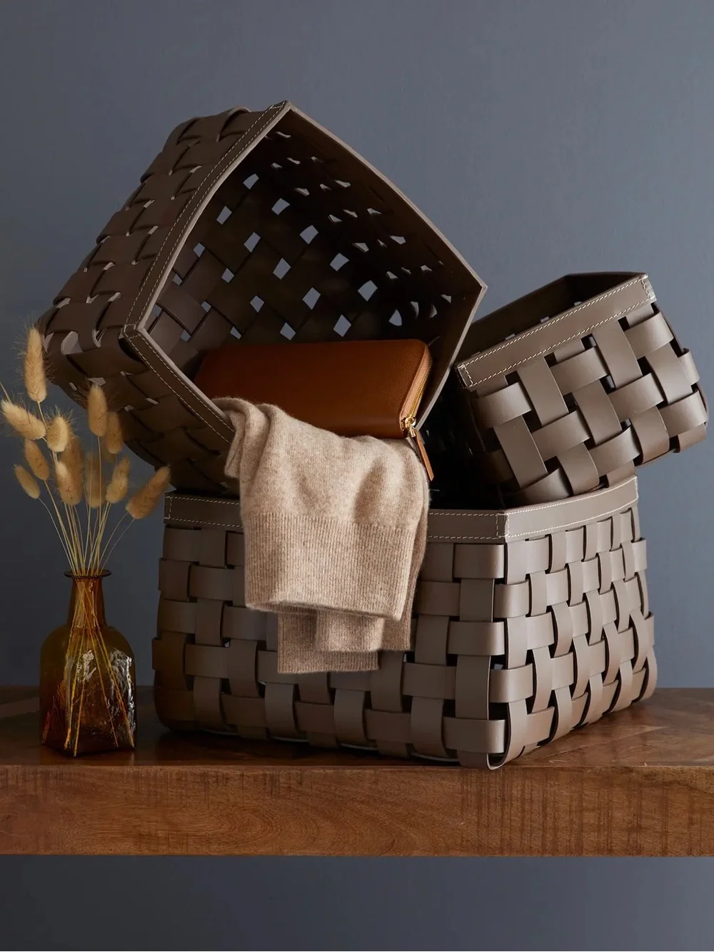 QUINCE Recycled Woven Leather Baskets (set of 3) Brown